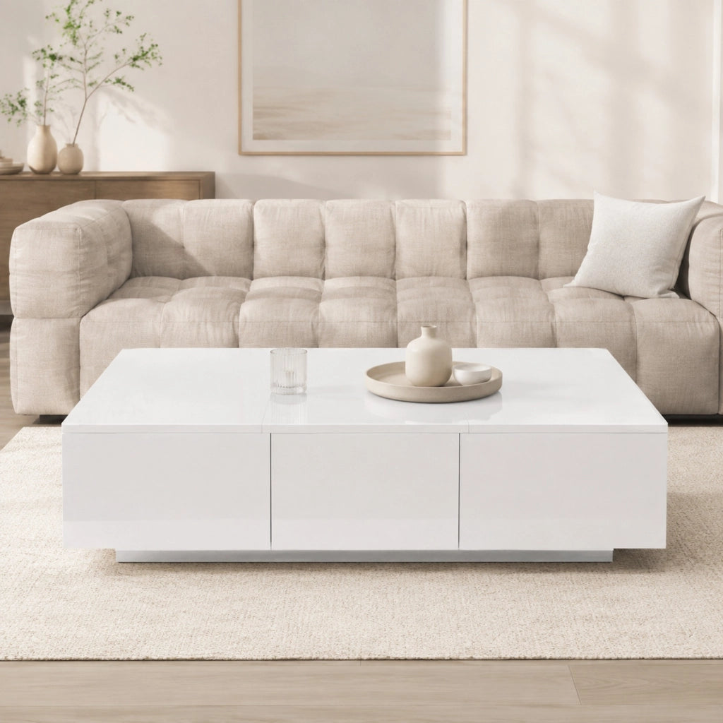 Tavolino da salotto con cassetti e vani contenitore 100x50x31 cm in truciolare bianco lucido