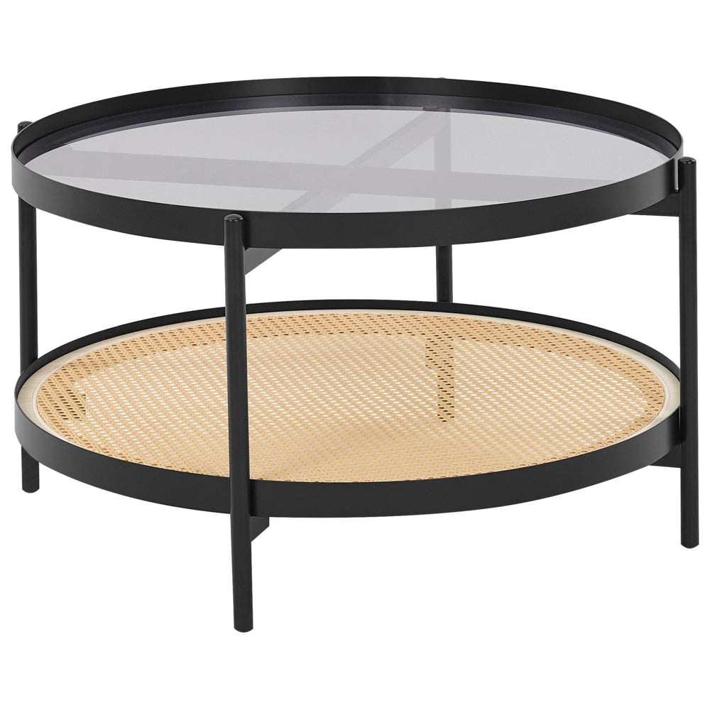 Tavolino piano in vetro struttura rotonda in metallo 1 ripiano intreccio viennese legno chiaro stile moderno