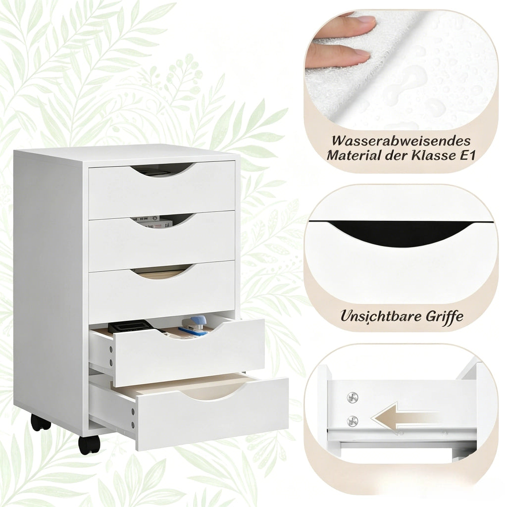 Cassettiera con ruote con 5 cassetti, per ufficio e camera, in legno ingegnerizzato, bianco, 40 × 40 × 66,5 cm