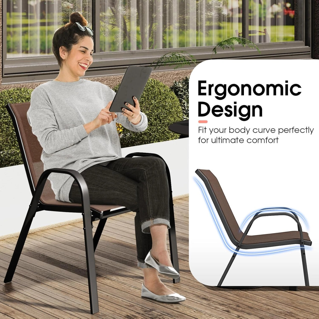 Set di 2 Sedie Impilabili, Sedia da Giardino con Corrimano, Telaio in Acciaio Tubolare Verniciato a Polvere, Sedia per Giardino e Patio