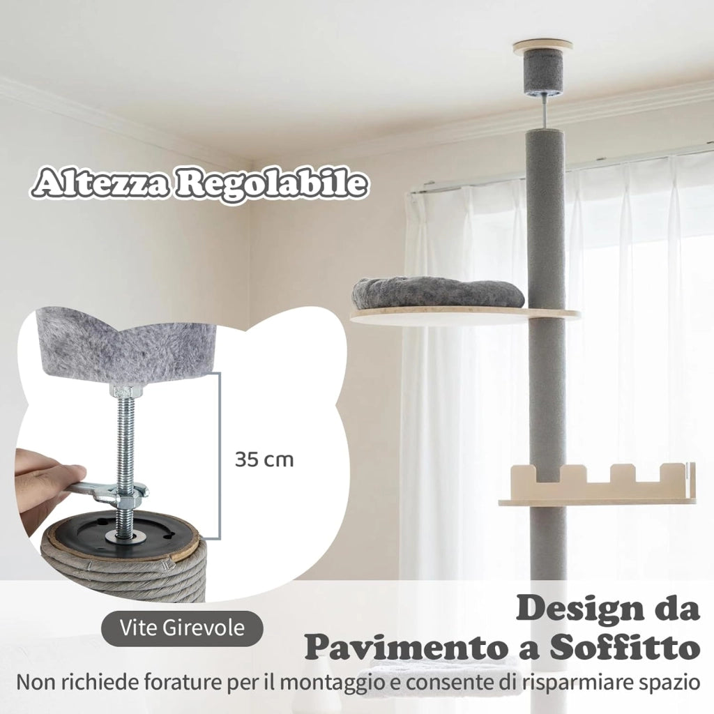 Albero per Gatti da Interno, Tiragraffi per Gatti Regolabile in Altezza da 236 a 271 cm con Piattaforma, Cesta Letto e Tiragraffi, Mobile per Gattini in Legno