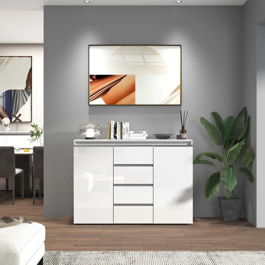 WHOUS Credenza a cassettiera Magic 2 ante e 4 cassetti bianco lucido 120x40x105 cm