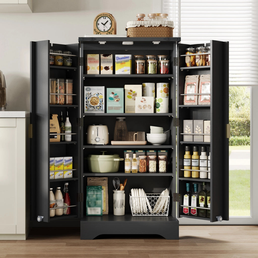 Credenza alta 120x60.5x40 cm con luce LED a sensore e ripiani regolabili in MDF nera