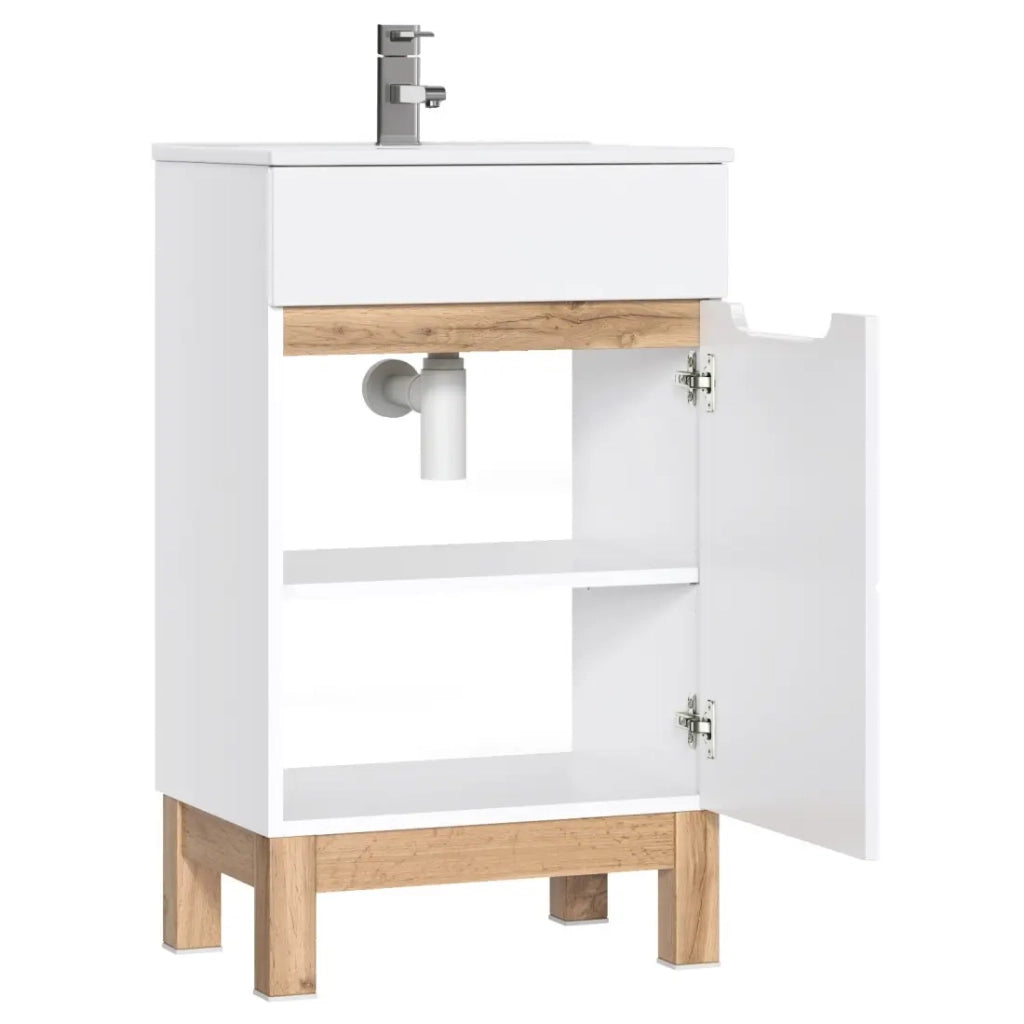 Mobile sottolavabo ERMANO - Rovere chiaro e bianco lucido - 50x84 cm - 1 porta - Da appoggio