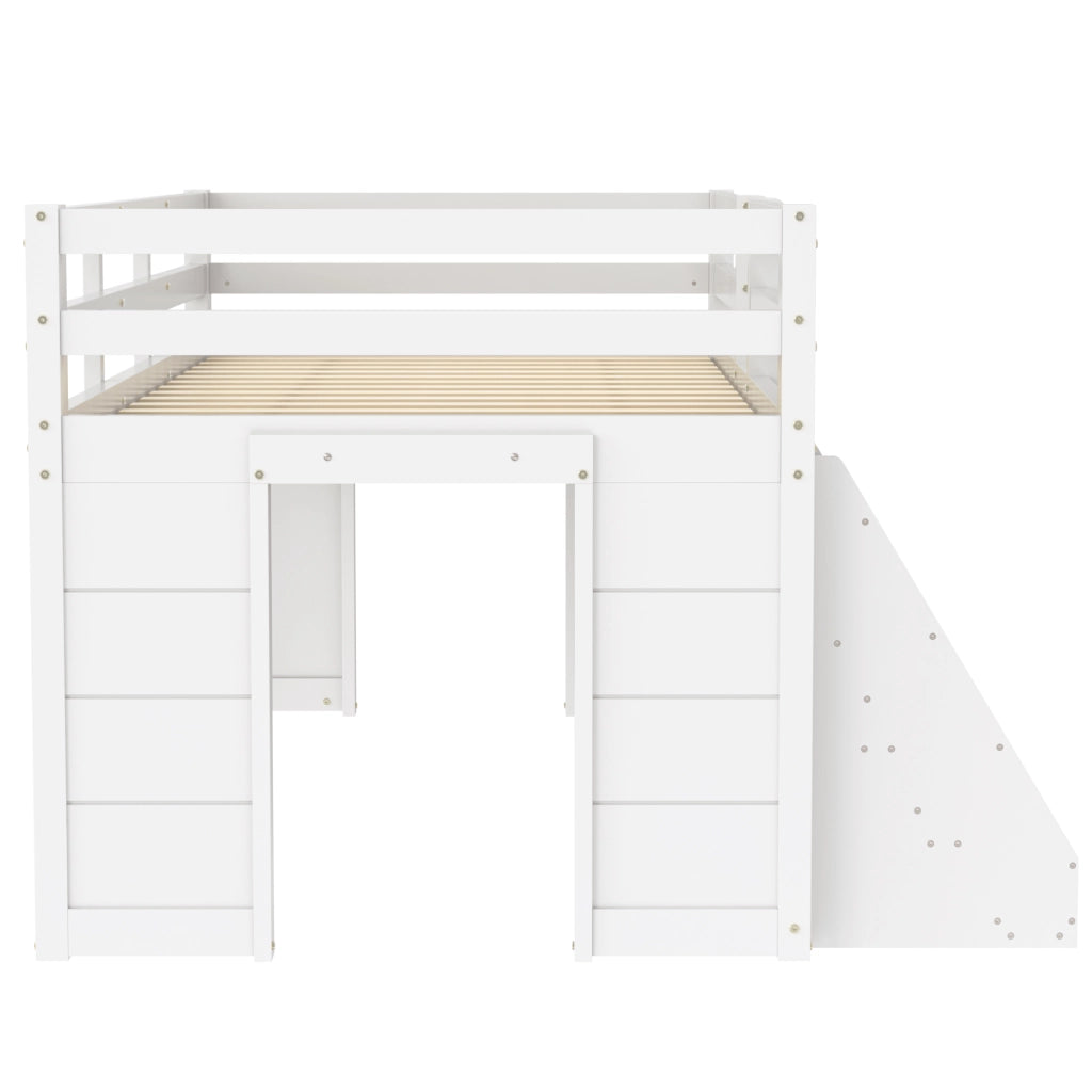 Letto a soppalco 90x200 cm con LED; contenitori aperti; scala e sponde; bianco