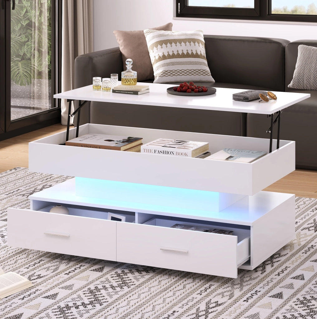 Tavolino da caffè sollevabile 100x50x44 cm bianco con LED; 2 cassetti e vano a vista