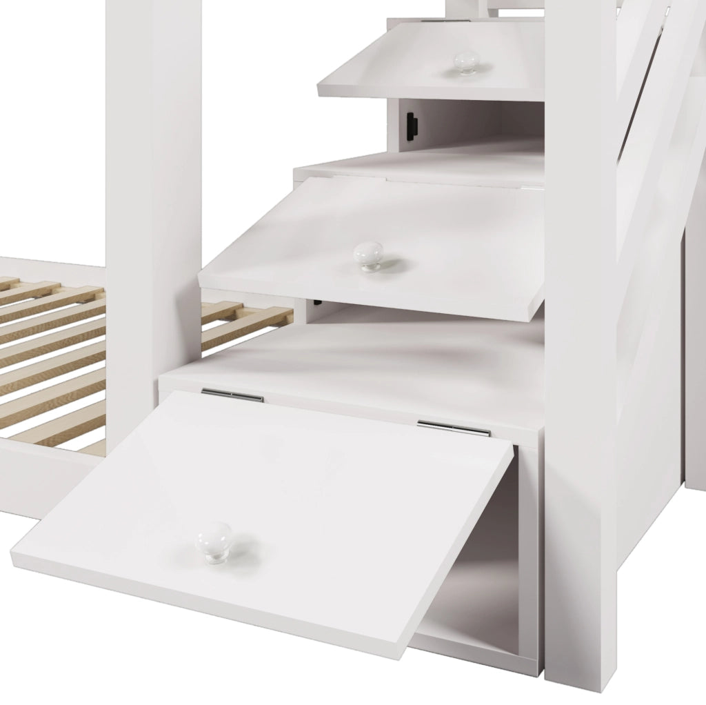 Letto a castello 90x200 cm a casetta con scala contenitore e lavagna in truciolare e legno bianco