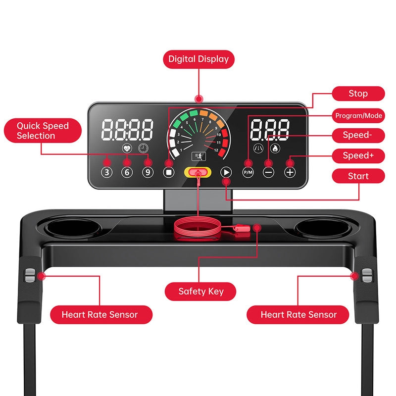 TAPIS ROULANT ELETTRICO COMPATTO PIEGHEVOLE PER LA CASA CON DISPLAY LED E DUE PORTABICCHIERI