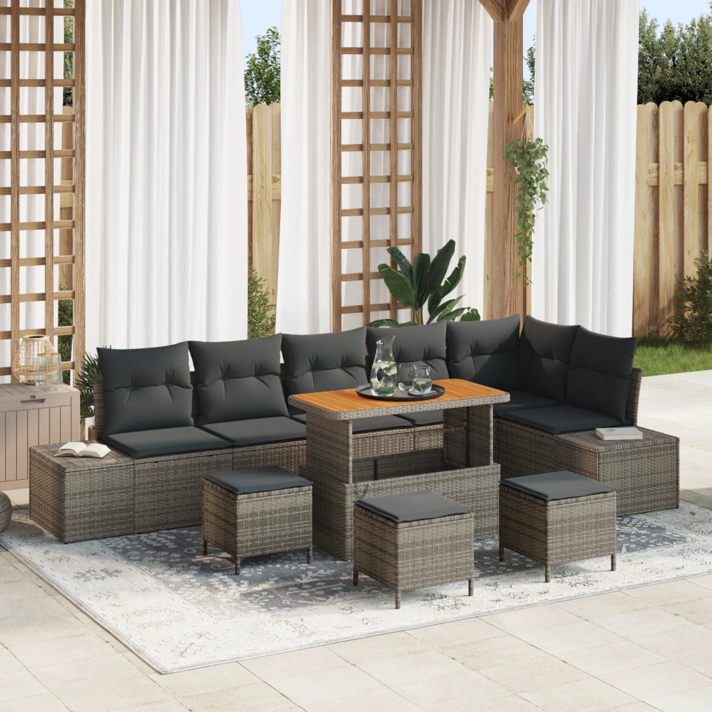Set Divano da Giardino da 10 Pezzi con Cuscini Grigio Polyrattan Acacia