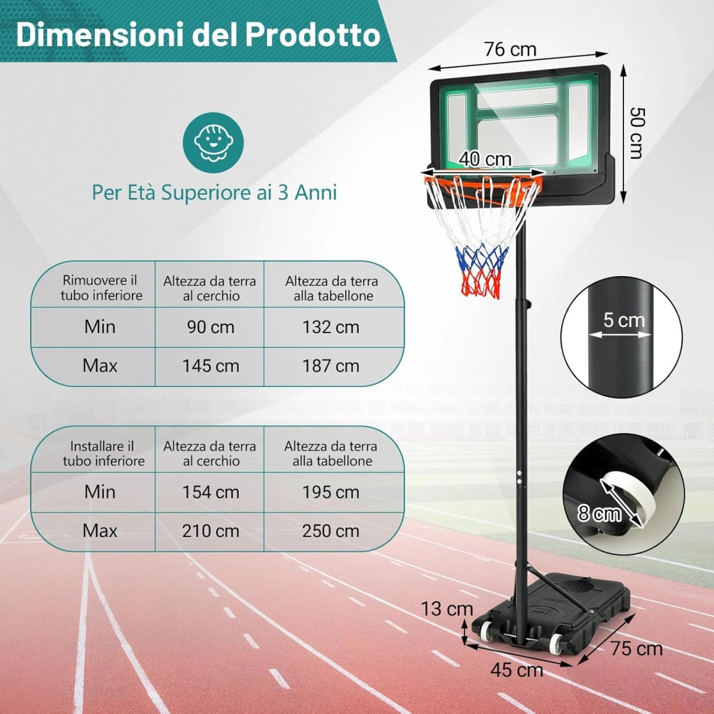Canestro Basket da Interno ed Esterno Portatile e Regolabile in Altezza 90-210cm, Canestro da Basket per Bambini con Ruote, Incavo per Pallone e Tabellone Infrangibile