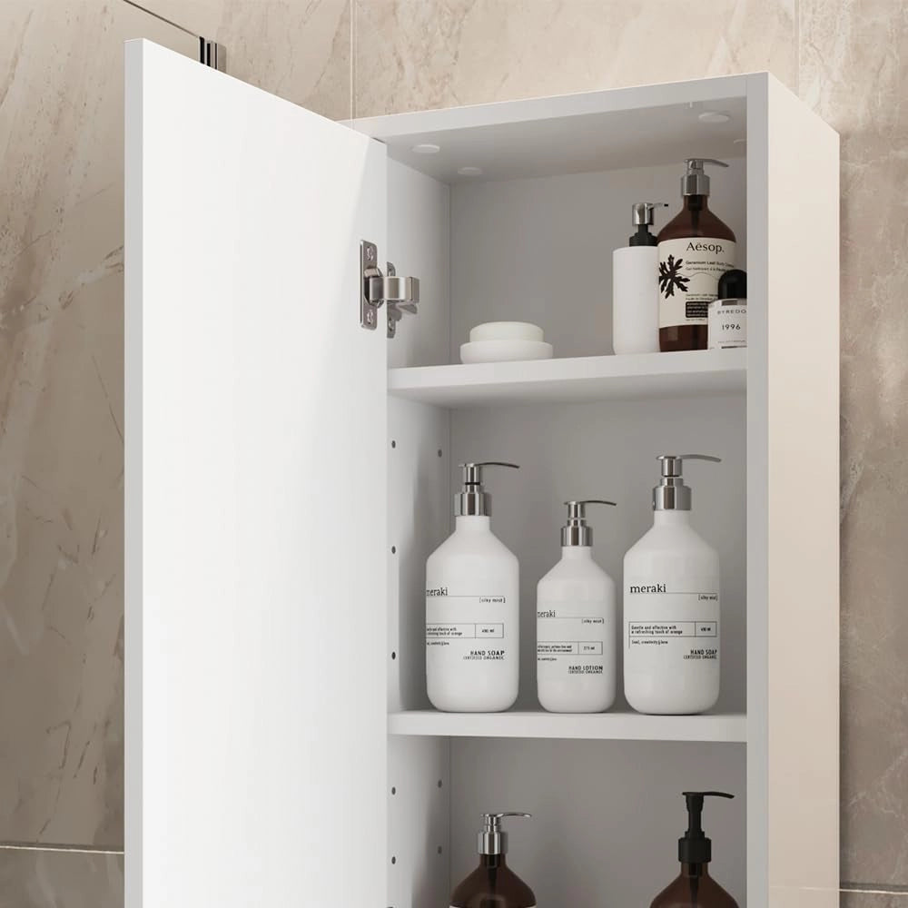 Mobile bagno Detmold, Bianco lucido/oro power oak, 81.6 x 35 cm con porta, adatto per montaggio a parete e combinabile con la serie Detmold