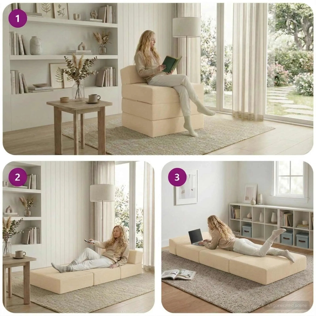Divano Letto Pieghevole Crema 200 x 70 x 15 cm Tessuto in Cords 900014