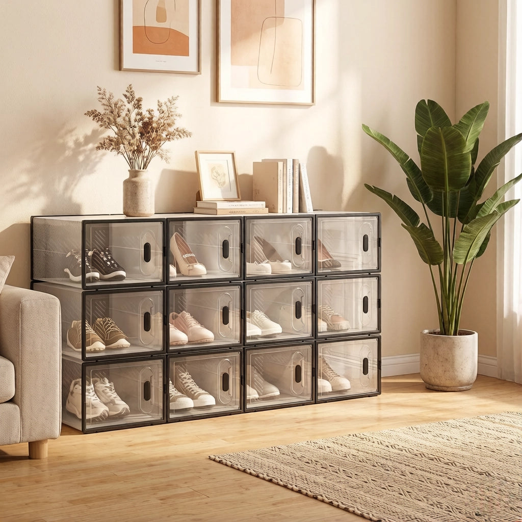 Scarpiera modulare in plastica con 12 box impilabili per scarpe, per camera da letto e bagno, nero trasparente