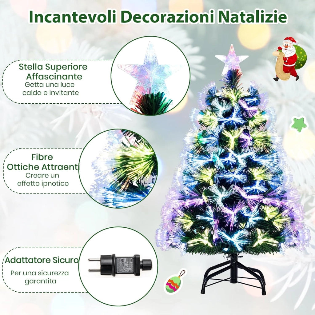 Albero di Natale Artificiale in Fibra Ottica 95 cm | Albero di Natale Pre-Illuminato con 93 Punte di Ramo, Stella Decorativa e Base Metallica, per Casa, Ufficio e Negozio