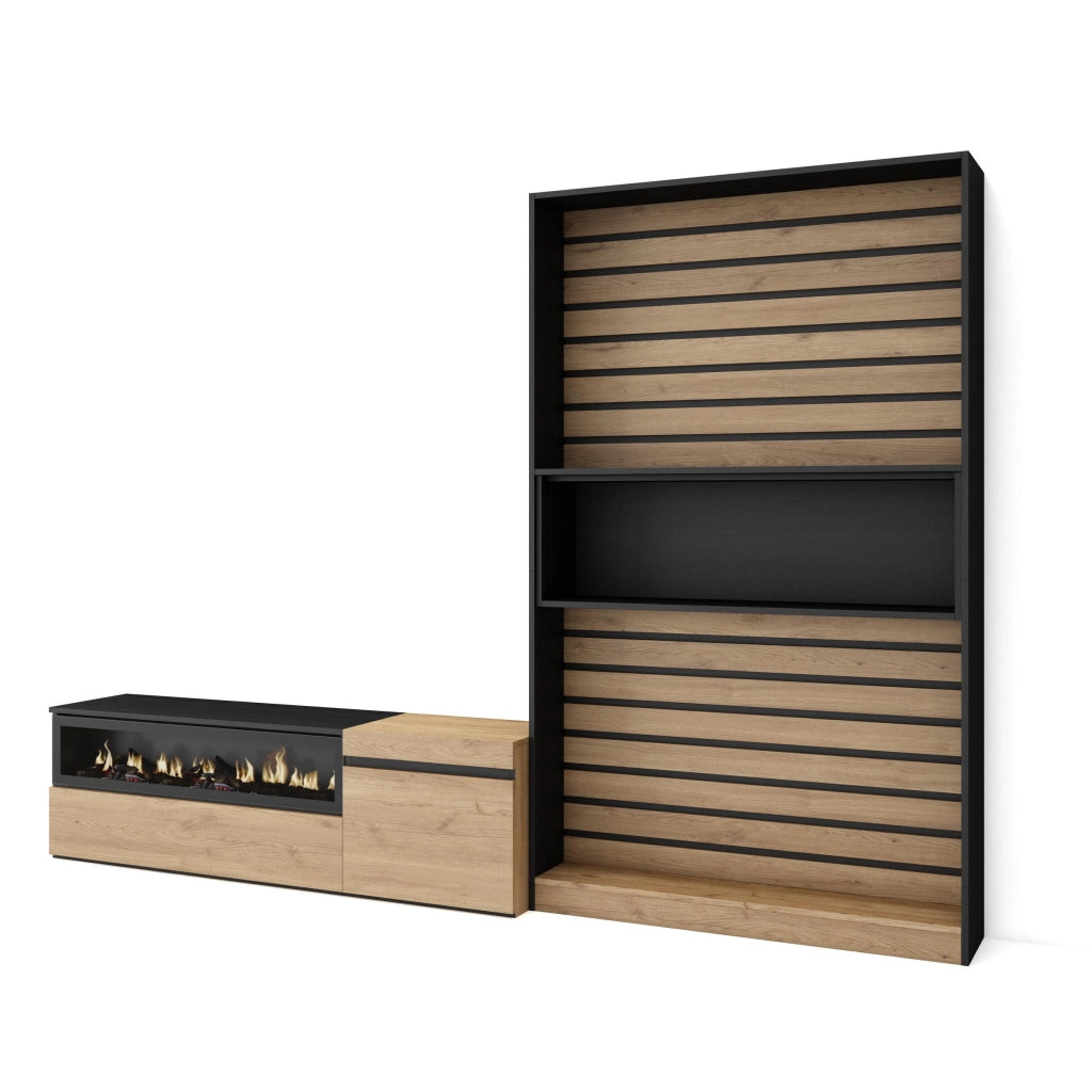 Mobile TV, Soggiorno, 260x35x186cm, Per TV fino a 65", Camino elettrico, colore Rovere e nero RF2536