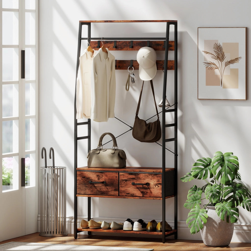 Appendiabiti con panca e scarpiera ¨C Zephmum ¨C Marrone, metallo e legno, 10 ganci, 2 cassetti in tessuto