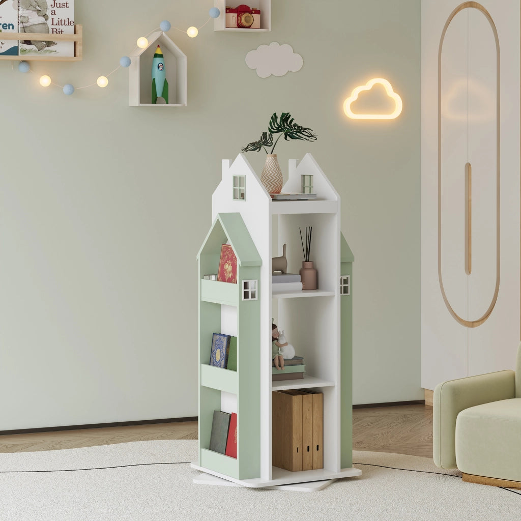 Scaffale Girevole Vipsali per Cameretta Design Casetta 108x40x40 cm Menta Verde / Bianco [en.casa]