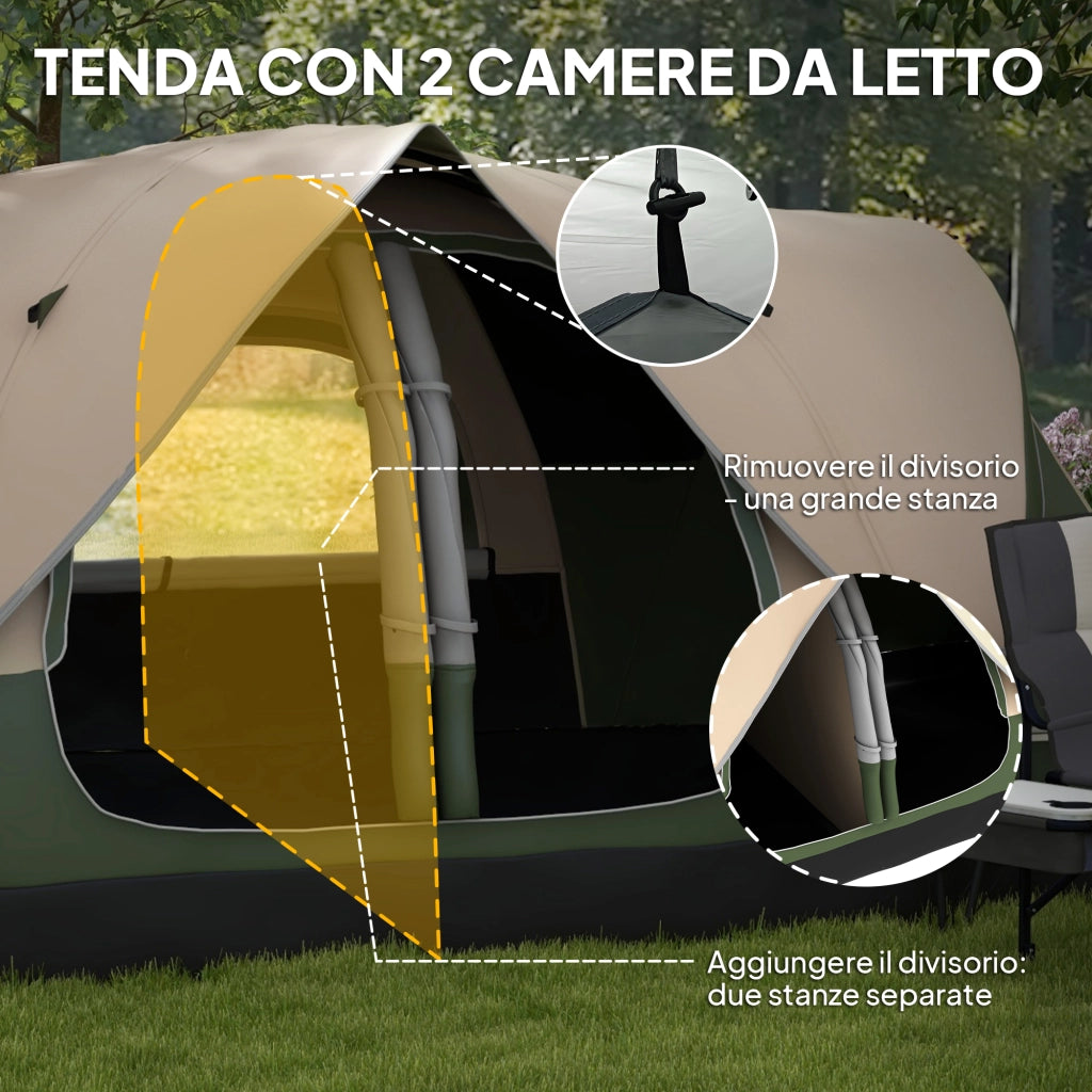 Tenda da Campeggio 450x215x180 cm 6 Posti con 2 Stanze Separate Verde Scuro