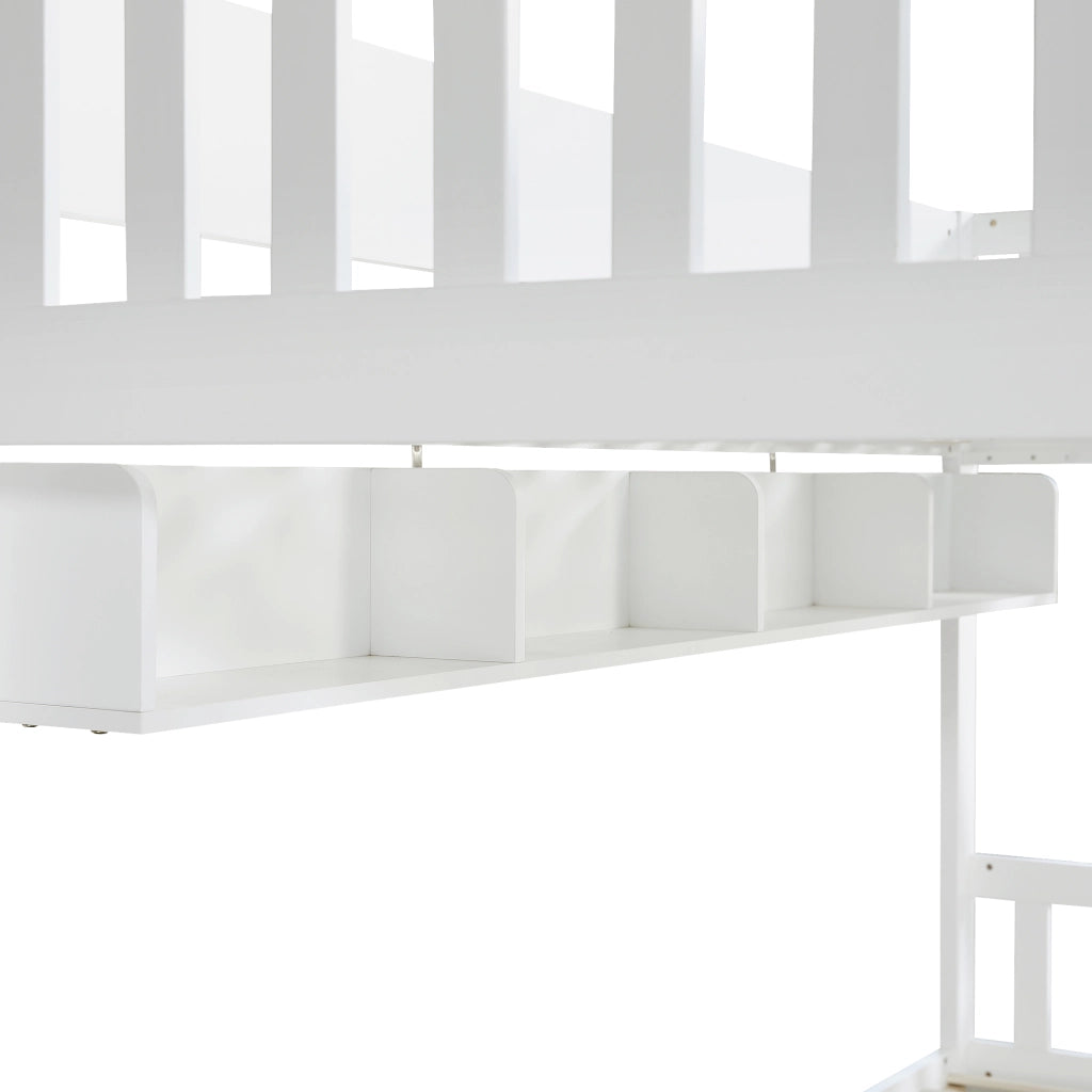 Letto a Castello 90x200 cm; 2 Posti - Contenitore; Ripiani; Scala reversibile - Bianco