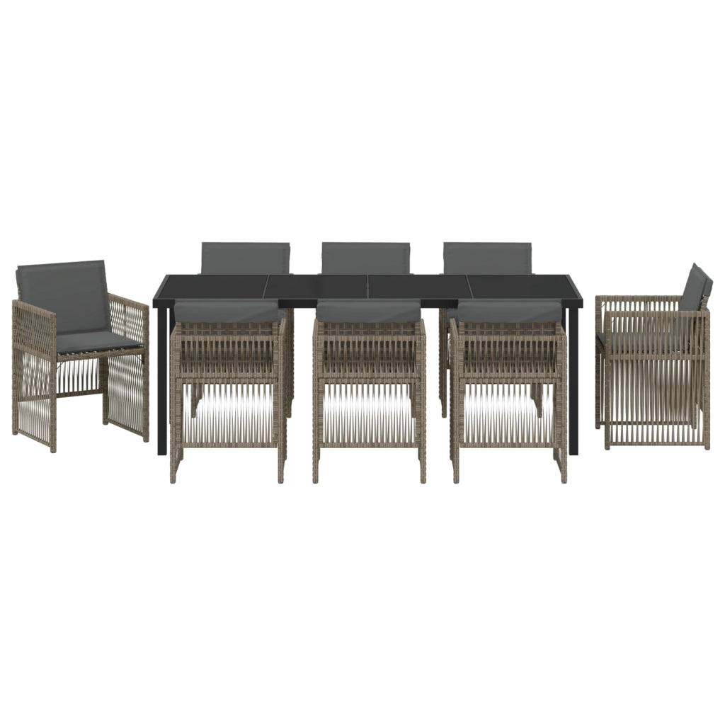 Set da Pranzo da Giardino da 9 Pezzi con Cuscini Grigio Rattan Poliestere