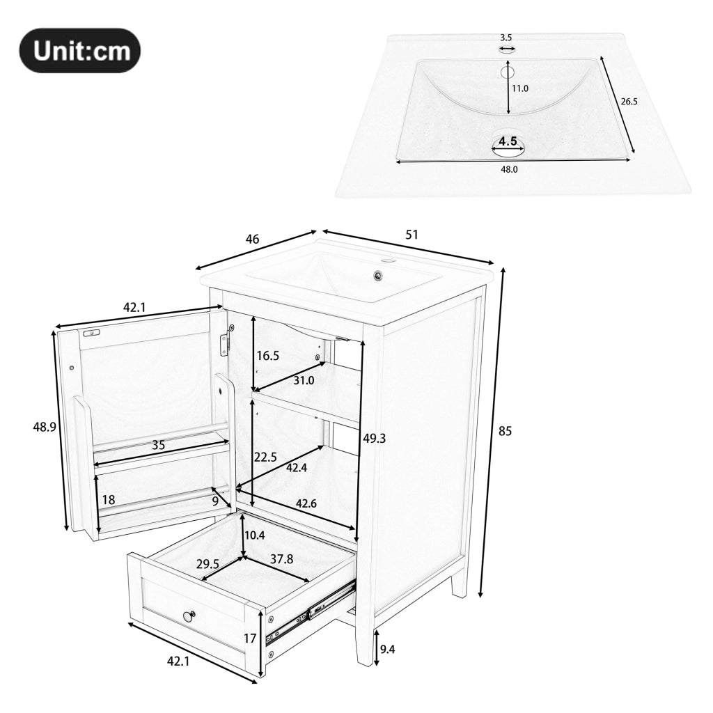 Mobile bagno freestanding 51x46x85 cm con lavabo in ceramica, finitura laccata, cassetto silenzioso, ripiano regolabile, bianco
