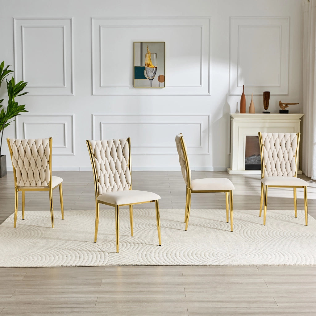 Sedia da Pranzo con Schienale Alto Ergonomico e Motivo Intrecciato, in Velluto e Metallo Beige e Oro