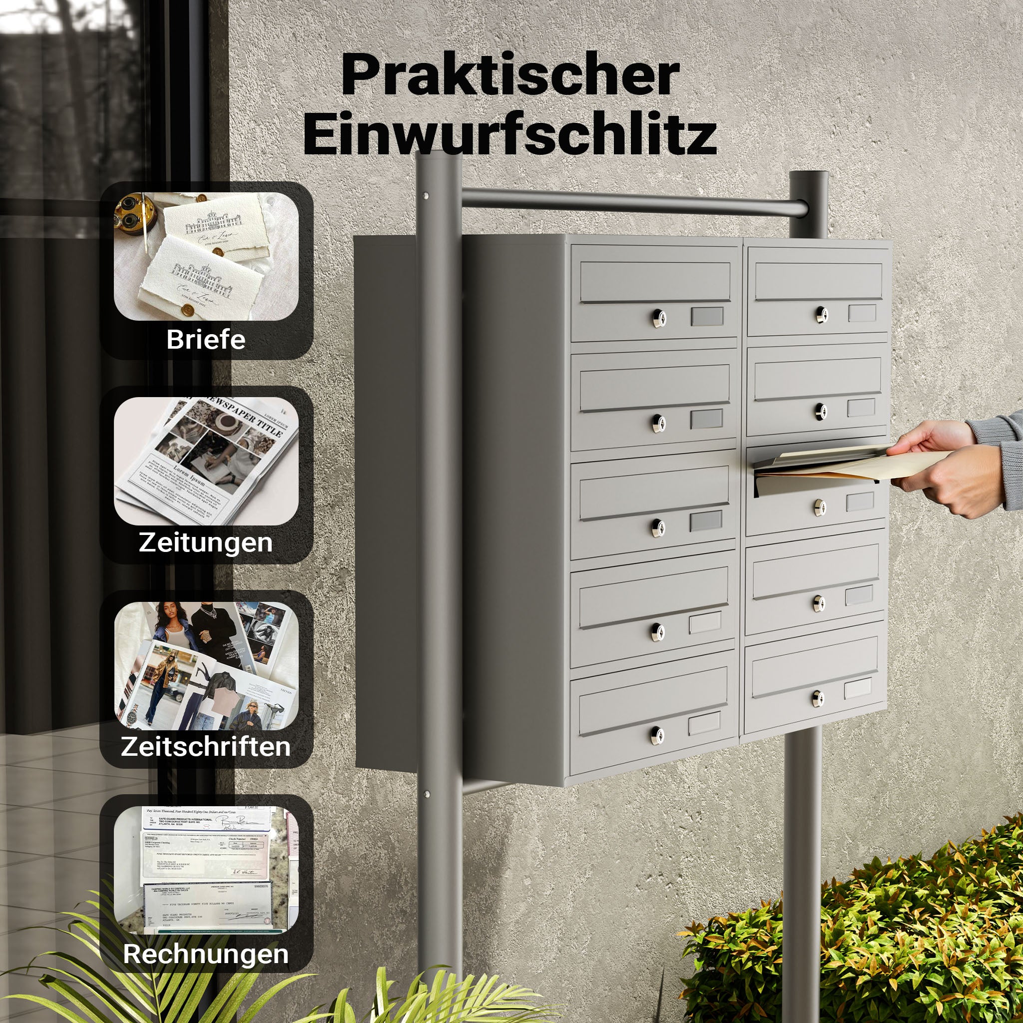Cassetta postale condominiale autoportante 10 posti, grigio, 2 moduli con supporto a terra