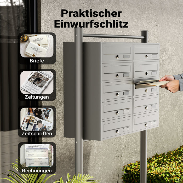 Cassetta postale condominiale autoportante 10 posti, grigio, 2 moduli con supporto a terra