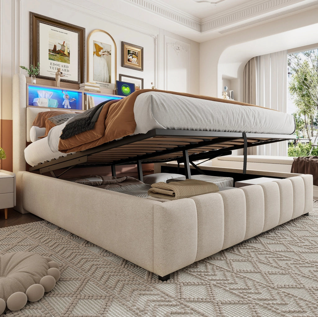 Letto imbottito 180x200 cm beige in tessuto con LED e vano contenitore