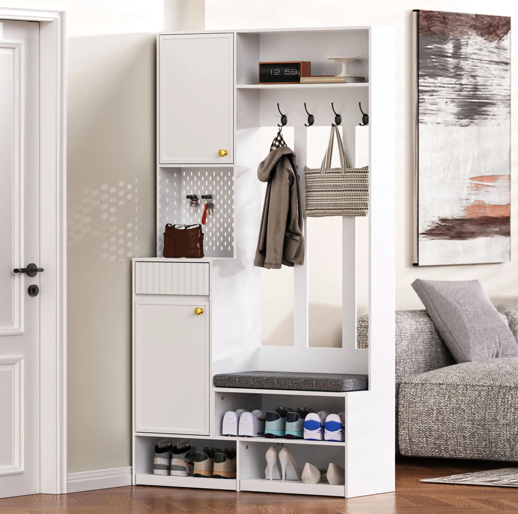 Mobile ingresso multifunzione con panca; 4 ganci; cassetti e pannello forato; bianco 100x35x180 cm