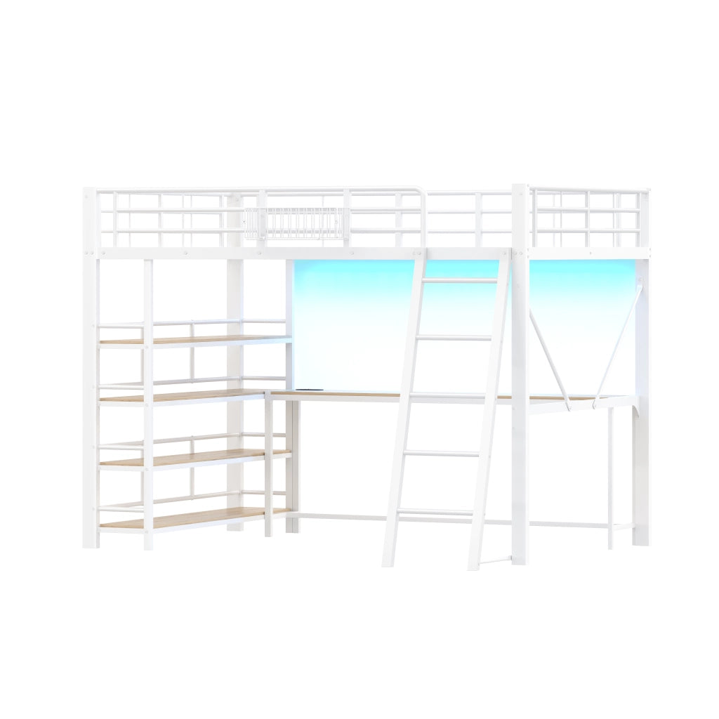 Letto a Soppalco Matrimoniale 140x200 cm; Scrivania; USB; LED e Mensole; Bianco