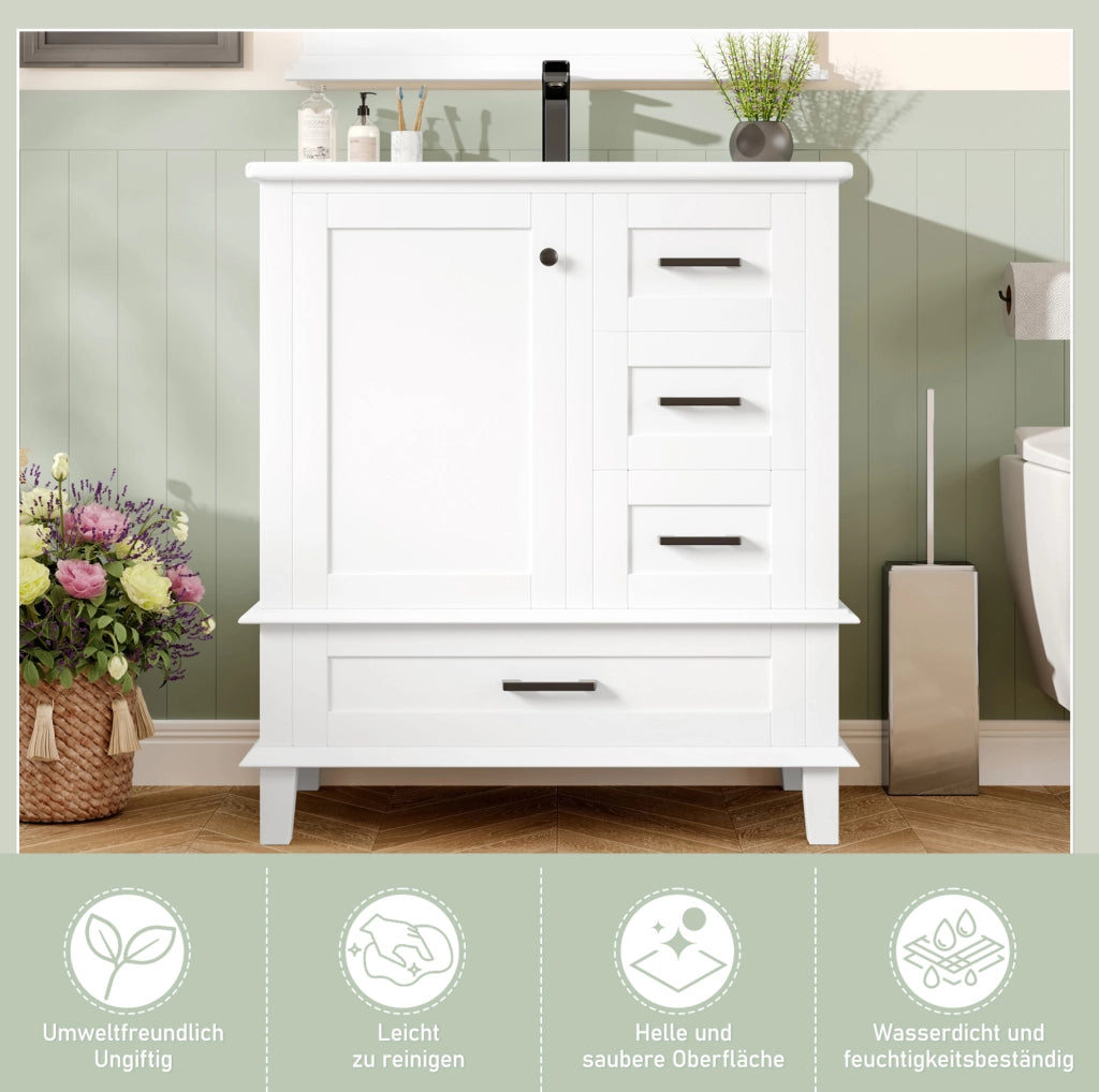 Mobile bagno freestanding 76x46x83,5 cm con lavabo in ceramica, 3 cassetti, bianco