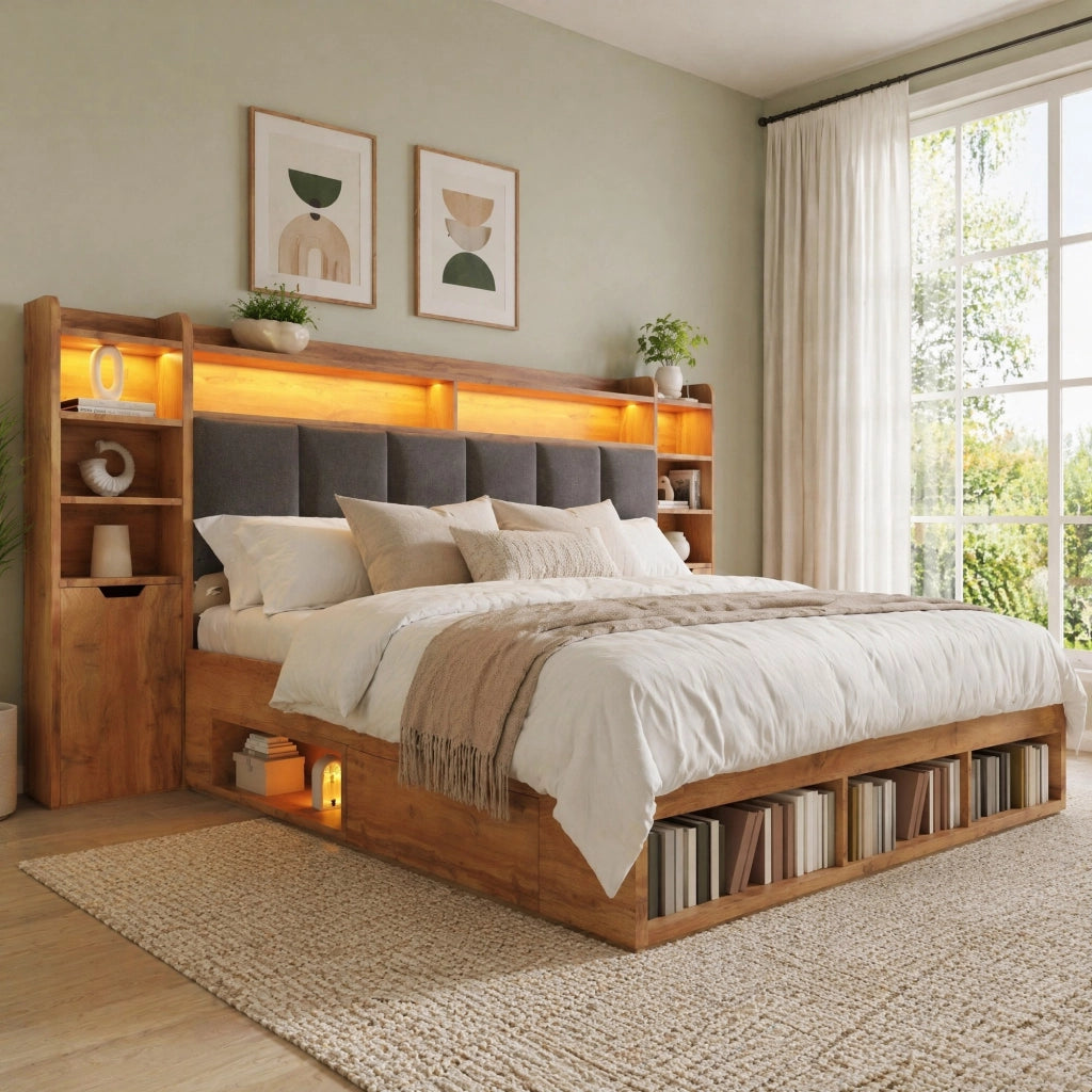 Letto matrimoniale 160x200 cm effetto rovere con LED; porte USB e USB-C; contenitore