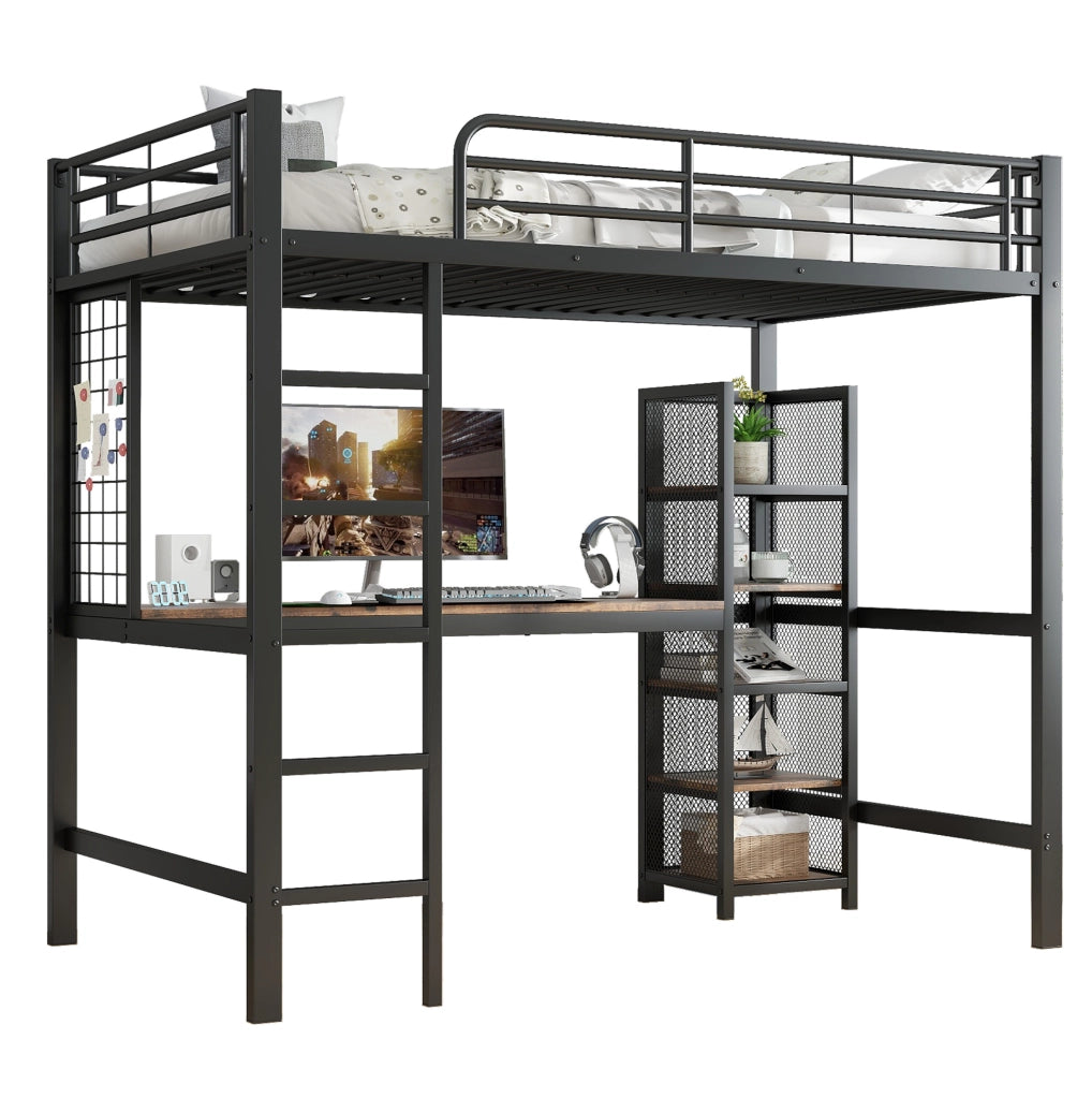 Letto a soppalco in ferro e MDF con scrivania e scaffalatura, 90x200 cm, colore nero e legno scuro