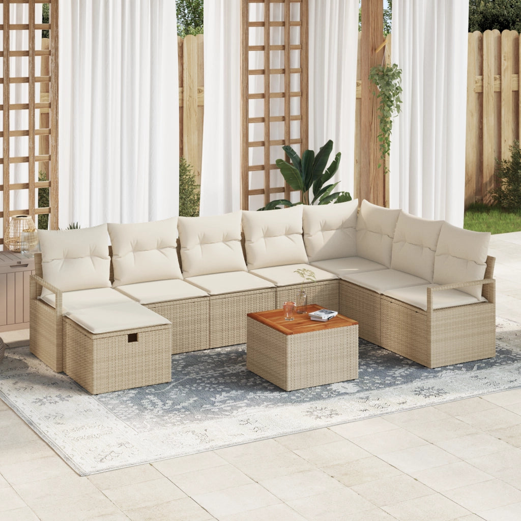 Set Divano da Giardino 9 Pezzi con Cuscini Beige Polirattan
