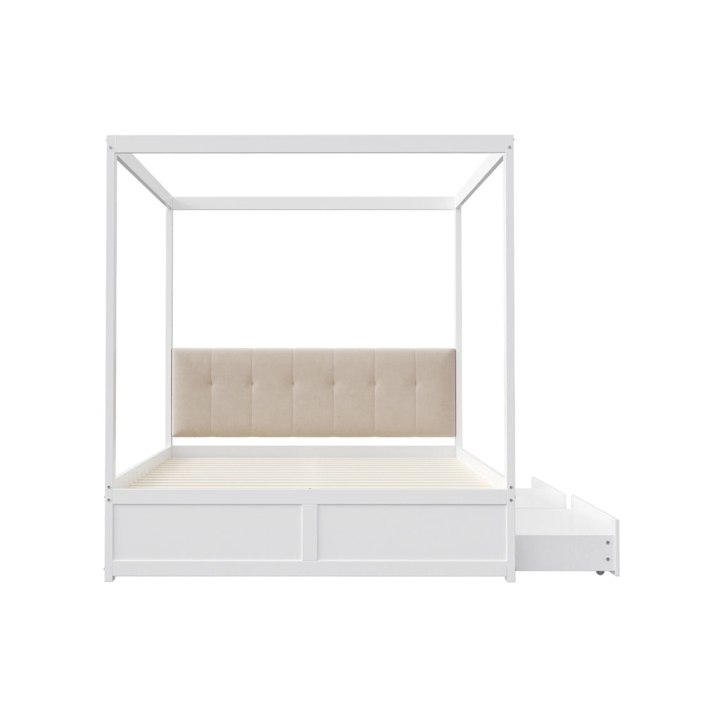 Letto a tenda 140x200 cm con testiera imbottita e 2 cassetti; bianco