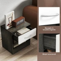 Comodino Moderno con Ripiano Aperto e Cassetto, in Legno, 39x28x41 cm, Bianco e Grigio Scuro