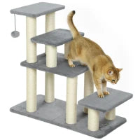 Scala per animali regolabile con 4 gradini in sisal, con gioco e tiragraffi 70 x 32 x 68 cm Grigio