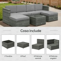 Set da 7 Pezzi Salotto da Esterni in Rattan con Poltrona Pouf Tavolino Grigio