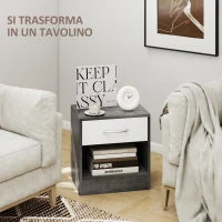 Comodino Moderno con Ripiano Aperto e Cassetto, in Legno, 39x28x41 cm, Bianco e Grigio Scuro