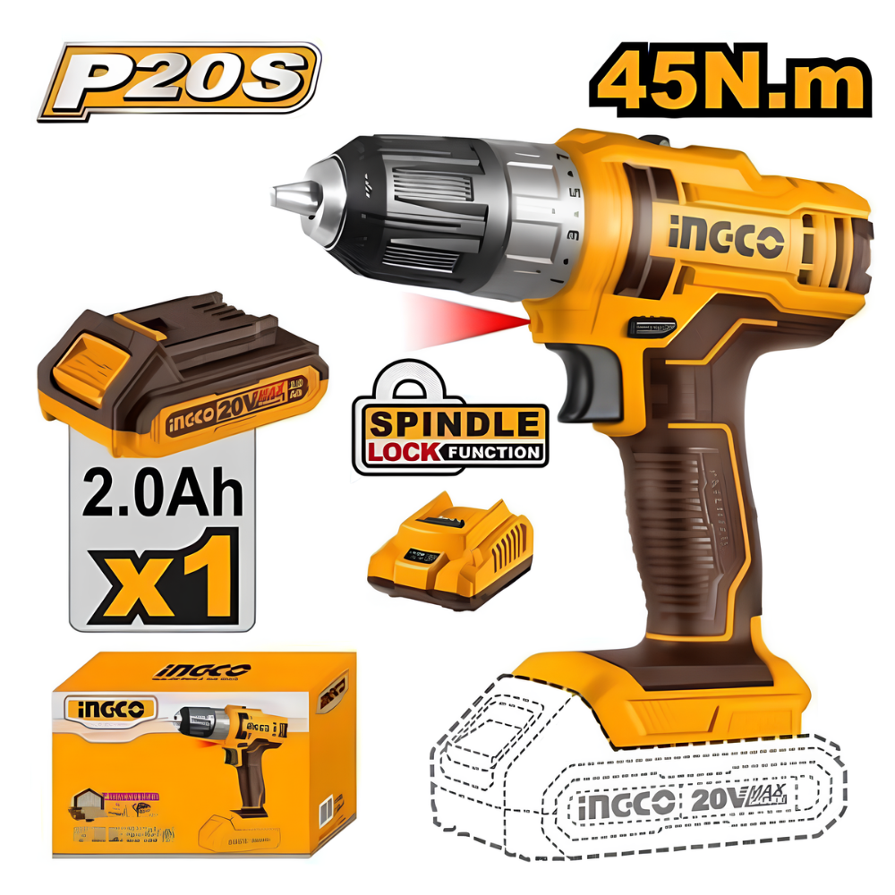 Trapano a batteria 20v inclusa batteria 2ah caricabatterie foratura ingco