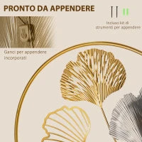 Decorazione Murale 3D in Metallo, Wall Art Dorata con Ginkgo in due Cornici Rotonde, 102x66.2cm, Oro e Argento