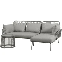 Set da Giardino in Rattan PE Stile Boho, Divano 2 Posti con Chaise Longue e Tavolino, Grigio Chiaro
