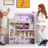 Casa delle Bambole per Bambini 3+ Anni in Legno di Pino e MDF a 4 Piani con 13 Accessori, Rosa, 60x30x80 cm