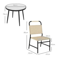 Set da Giardino con Tavolo in Vetro Effetto Marmo e 4 Sedie in Rattan, Colore Cachi