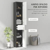 kleankin Colonna Bagno Salvaspazio in Legno con 2 Armadietti e Cassetto, 30x28x180 cm, Nero