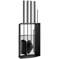 Set di attrezzi per caminetto 5 pezzi, con scopa, paletta, punteruolo, pinza e supporto, in metallo, Nero