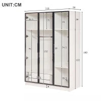 Armadio Spazioso con 3 Ante in Vetro, 1 Cassetto e 1 Asta Appendiabiti, Illuminazione LED Integrata, 110x50x160 cm, Bianco