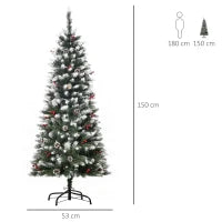 Albero di Natale Innevato Artificiale 150cm con Bacche Rosse e Pigne Bianche, Base Rimovibile Pieghevole, 408 Rami