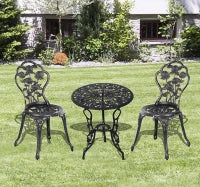 Set 3 Pezzi Tavolo e due Sedie da Giardino in Stile Rétro con Decorazioni Floreali, Color Bronzo